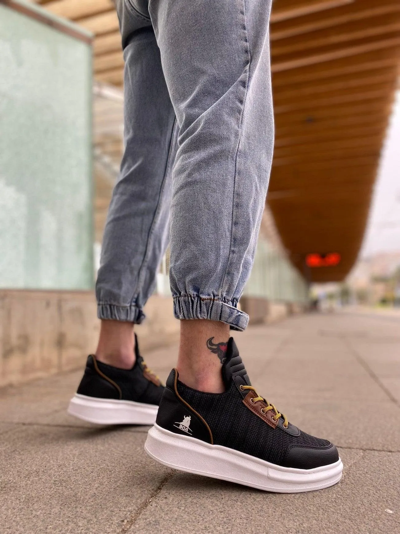 BA0606 Lace-up Comfortable High Sole Black Patterned Casual Men's Sneakers