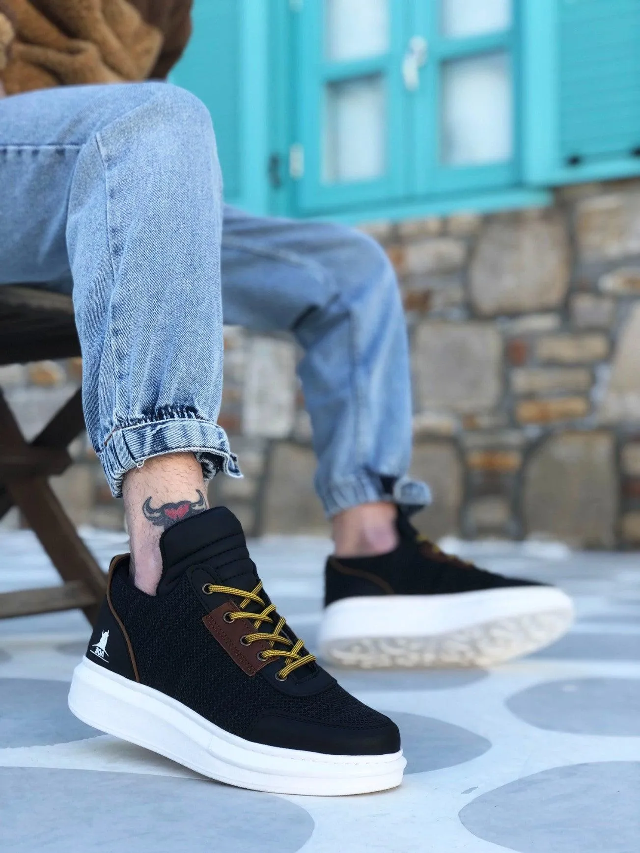 BA0606 Lace-up Comfortable High Sole Black Patterned Casual Men's Sneakers