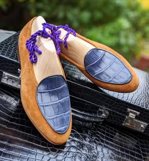 Belgian Loafer - Tan Suede & Blue Crocodile