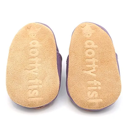 Dotty Fish Soft Leather Infant Shoes Girls pre-Walkers. Purple with Pink Butterfly. 6-12 Months