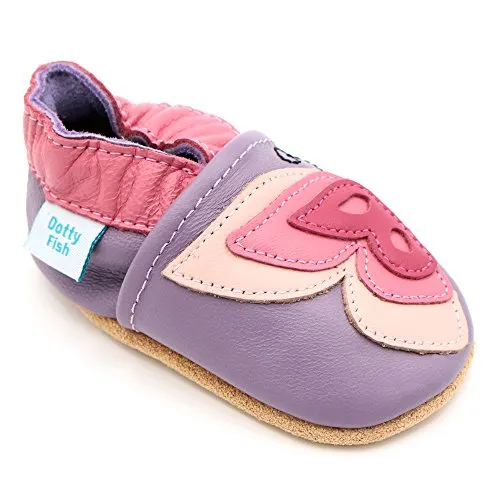 Dotty Fish Soft Leather Infant Shoes Girls pre-Walkers. Purple with Pink Butterfly. 6-12 Months