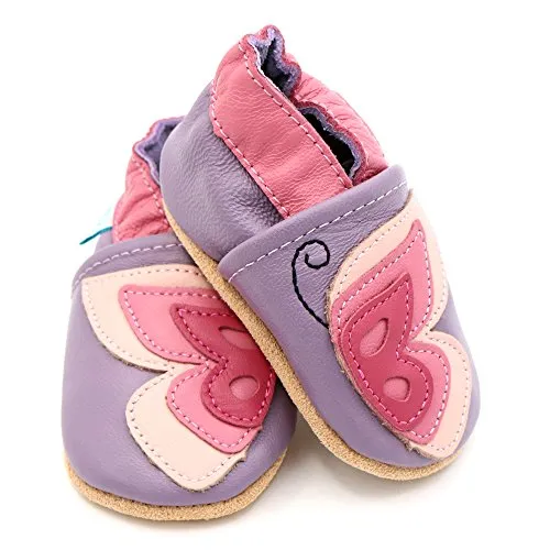 Dotty Fish Soft Leather Infant Shoes Girls pre-Walkers. Purple with Pink Butterfly. 6-12 Months