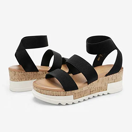 DREAM PAIRS Women's Black Open Toe Elastic Strap Casual Flatform Platform Sandals Size 8 M US Reed-1