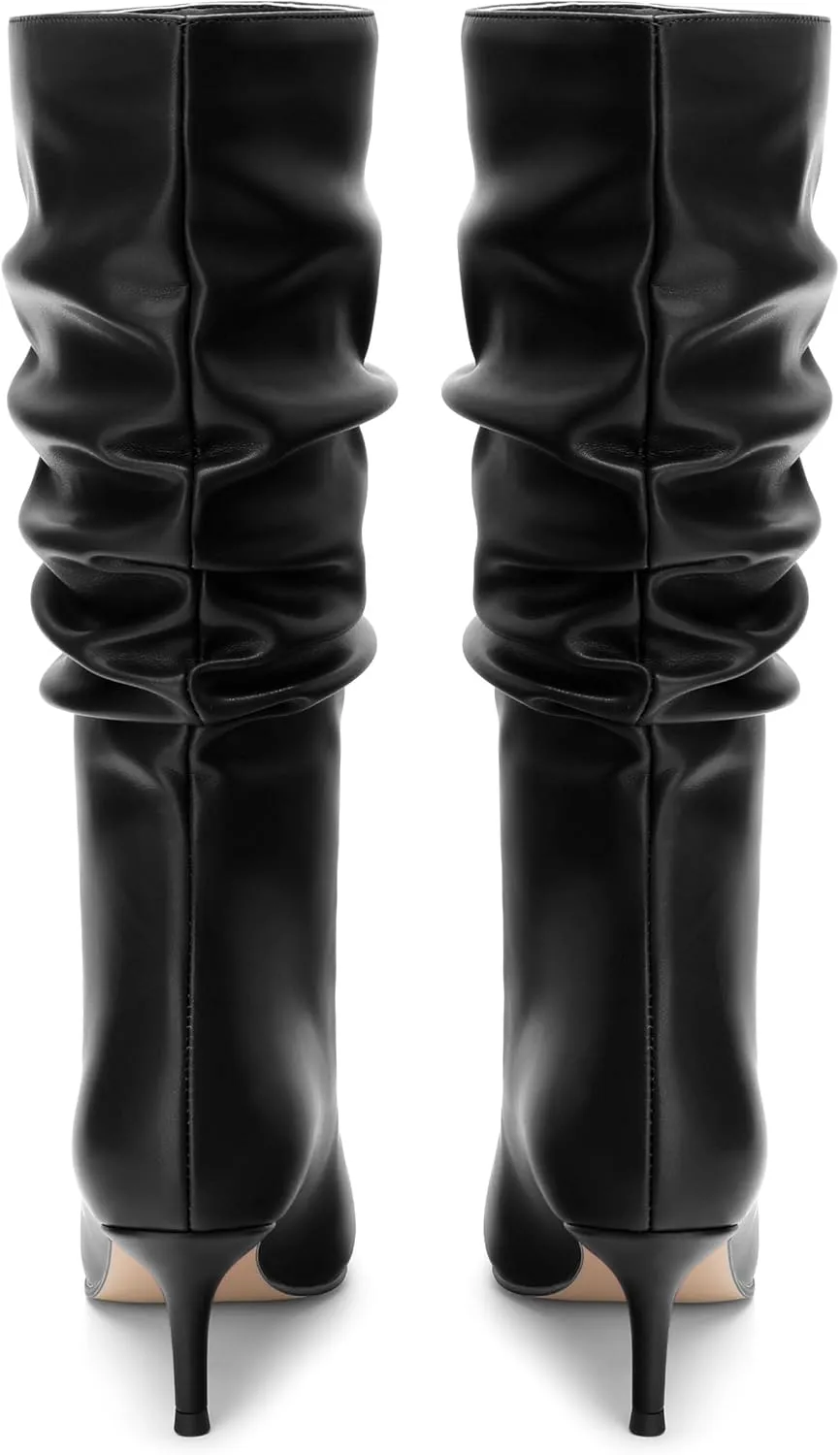 FOGEENA Mid Calf Boots for Women Slouchy Kitten Low Heel Pointed Toe 2.5 Inch Pull on Boots Casual Work Prom Party Fall Shoes
