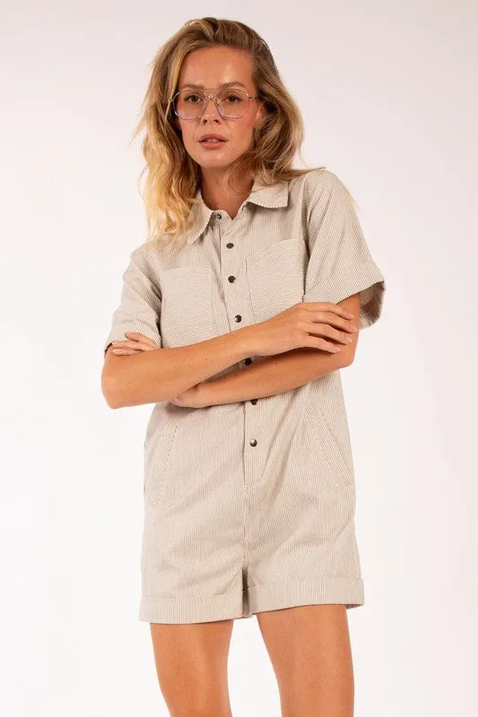 KENNDEDY UTILITY ROMPER IN TAUPE PIN STRIPE
