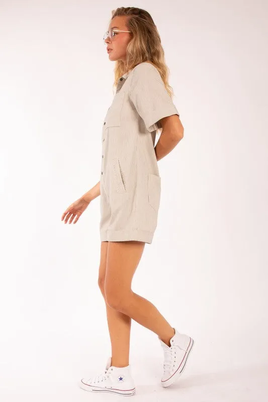 KENNDEDY UTILITY ROMPER IN TAUPE PIN STRIPE