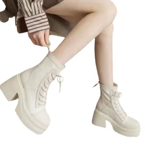 Lace-Up Mid Calf Leather Thicker Platform Boots