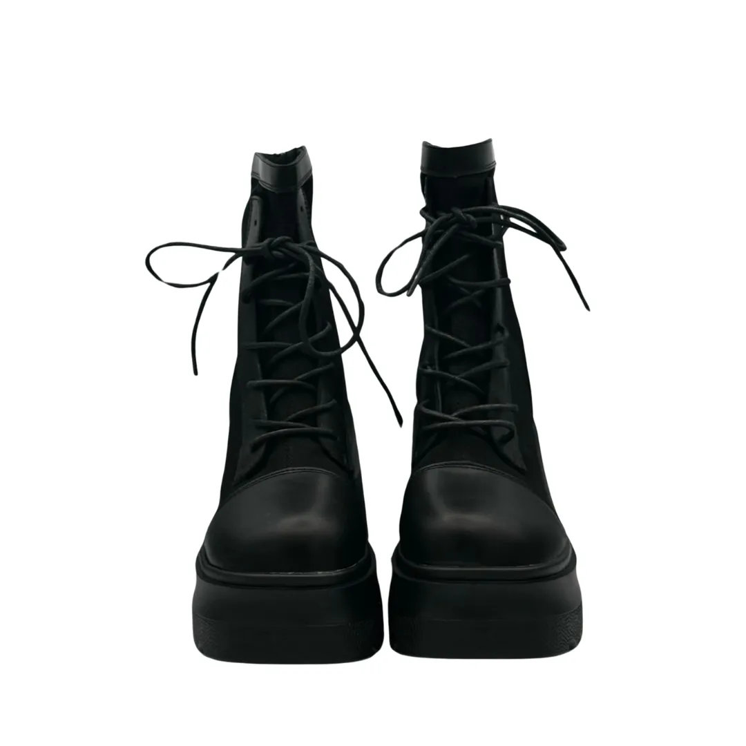Lace-Up Mid Calf Leather Thicker Platform Boots