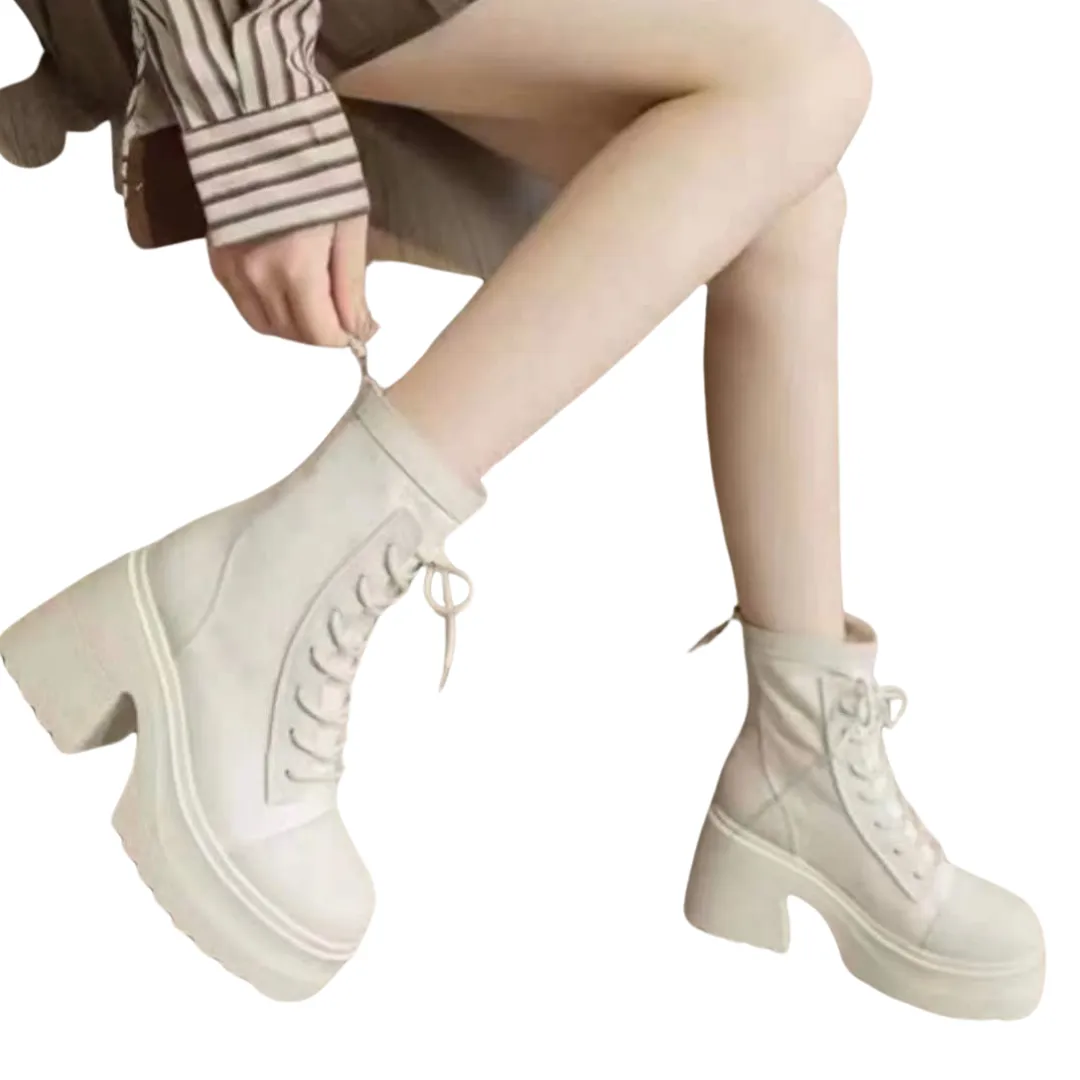 Lace-Up Mid Calf Leather Thicker Platform Boots