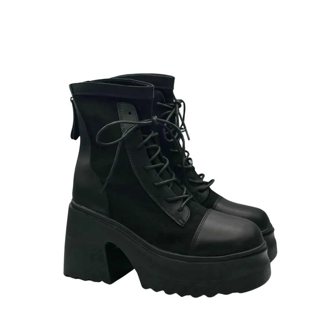 Lace-Up Mid Calf Leather Thicker Platform Boots