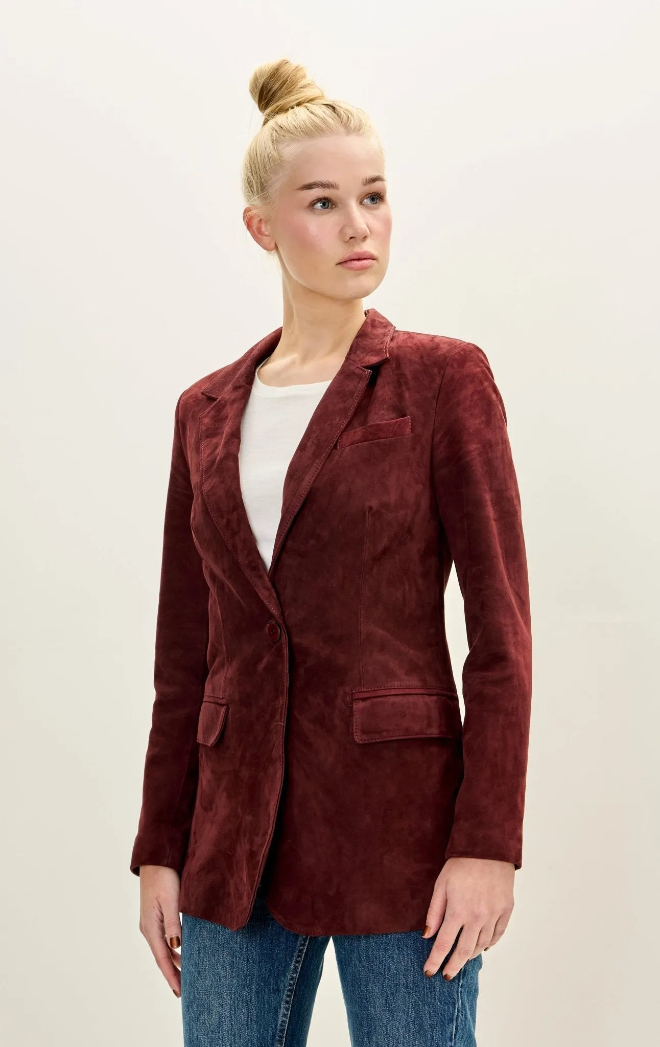 Lambskin Leather Suede Single Button Blazer - Burgundy