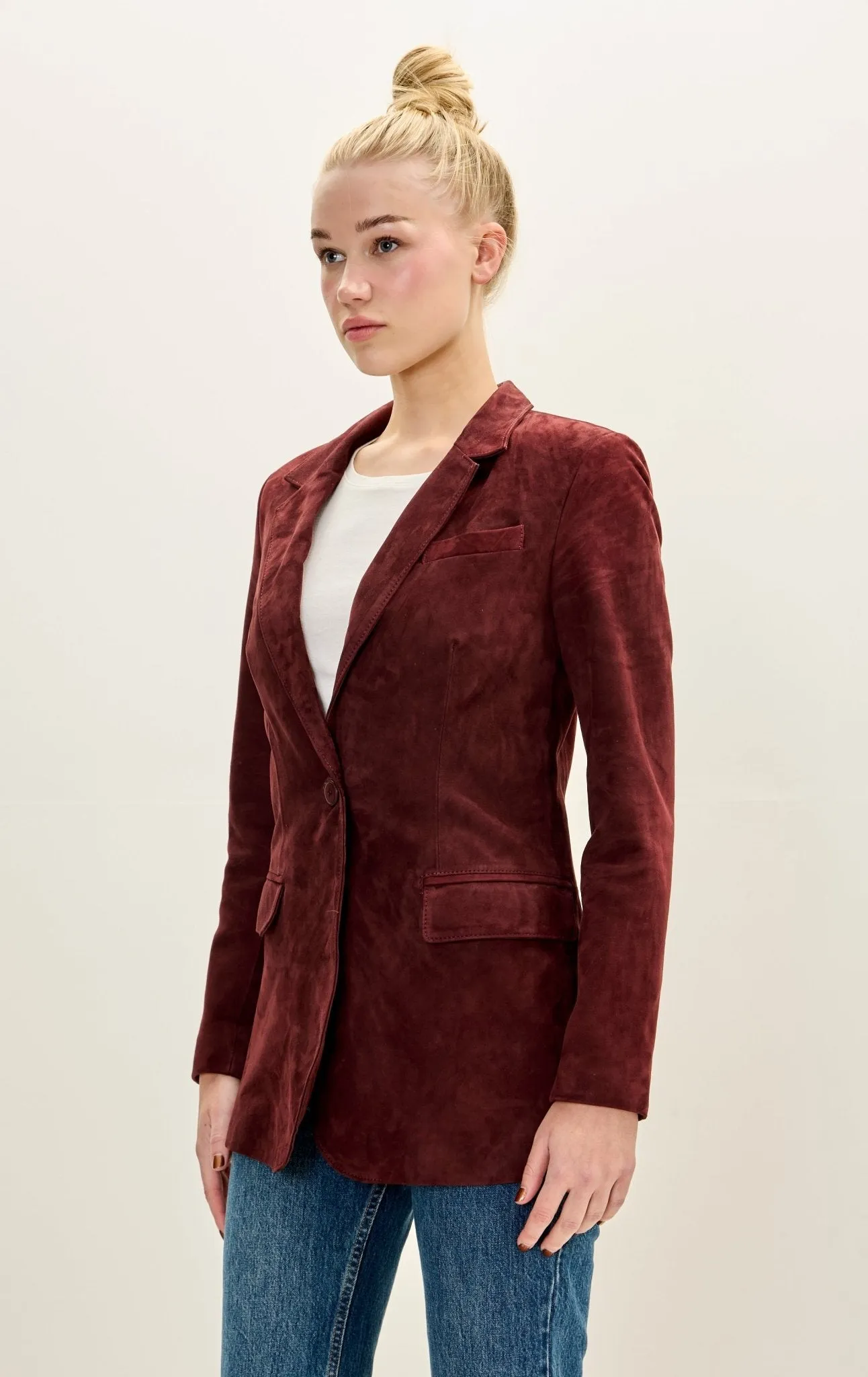 Lambskin Leather Suede Single Button Blazer - Burgundy