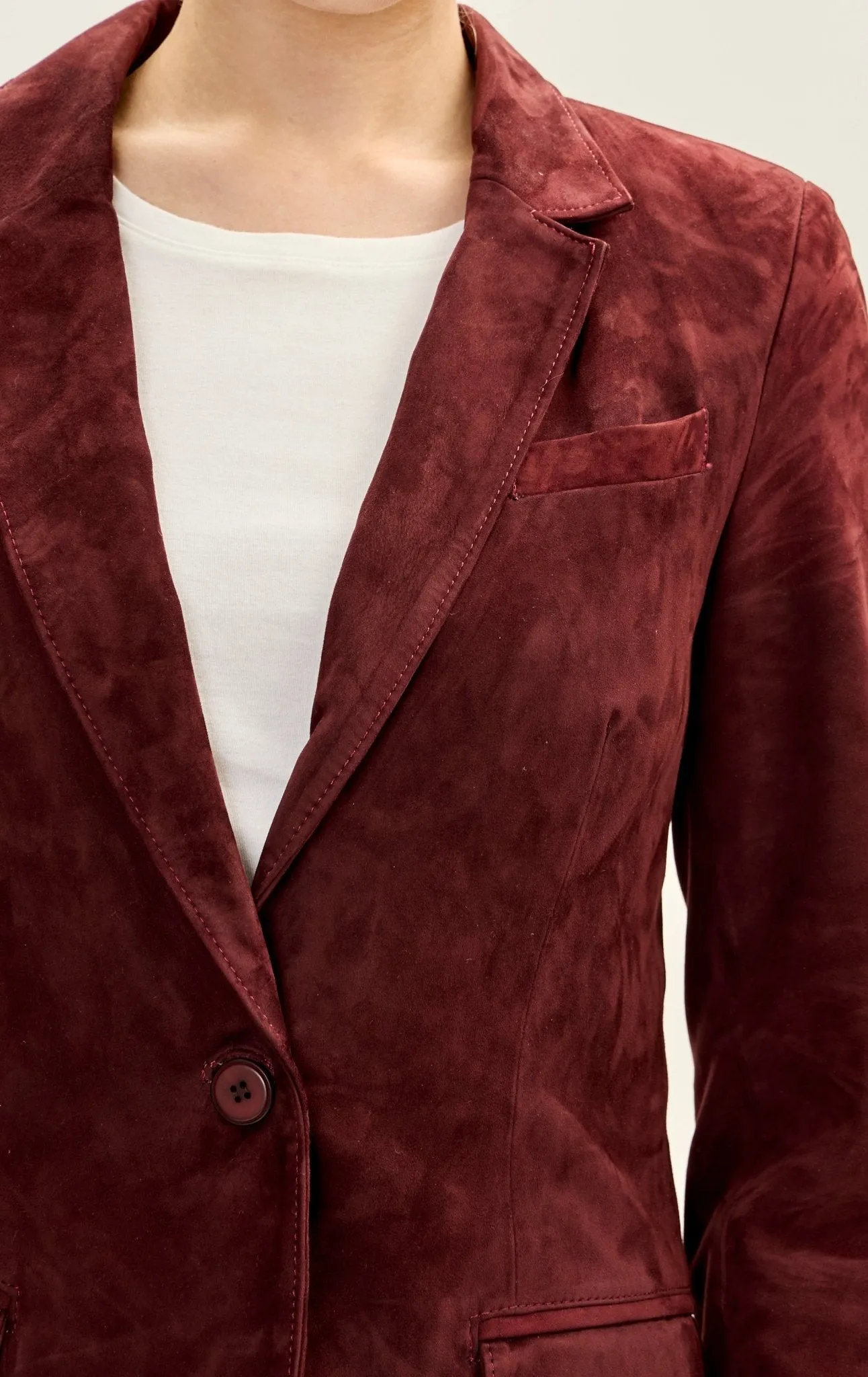 Lambskin Leather Suede Single Button Blazer - Burgundy