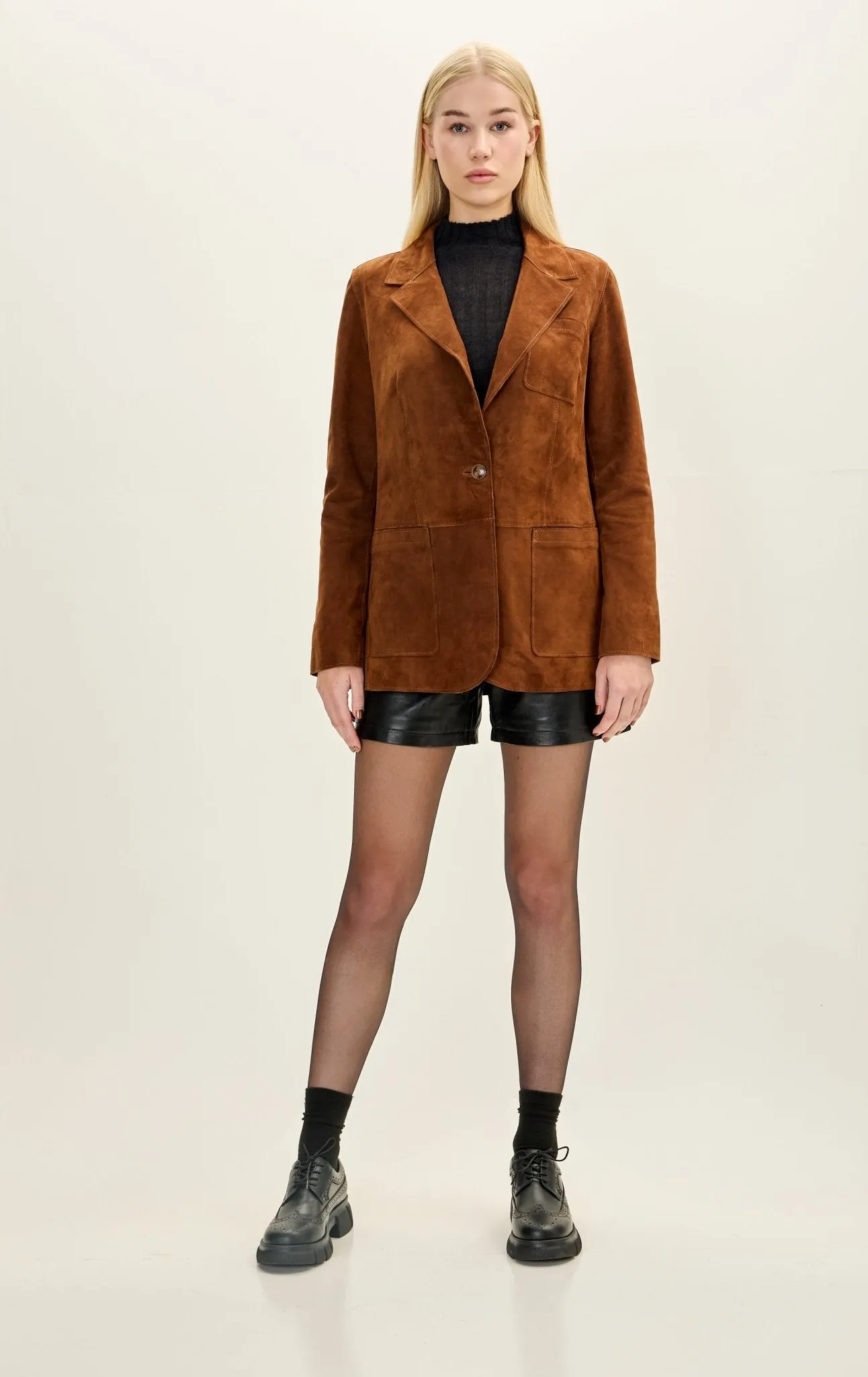 Lambskin Leather Suede Single Button Blazer - Cognac