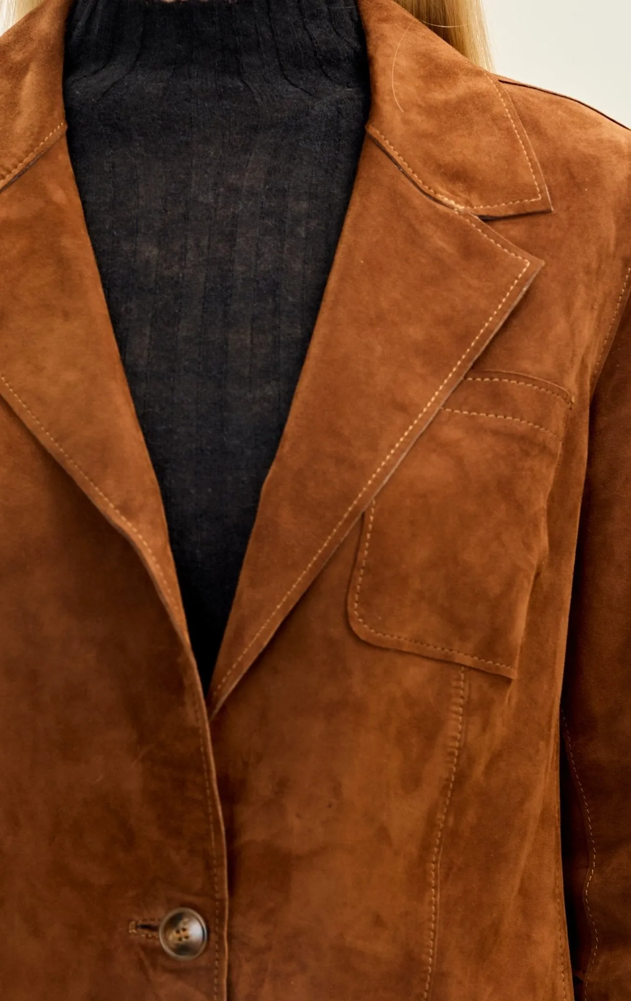 Lambskin Leather Suede Single Button Blazer - Cognac
