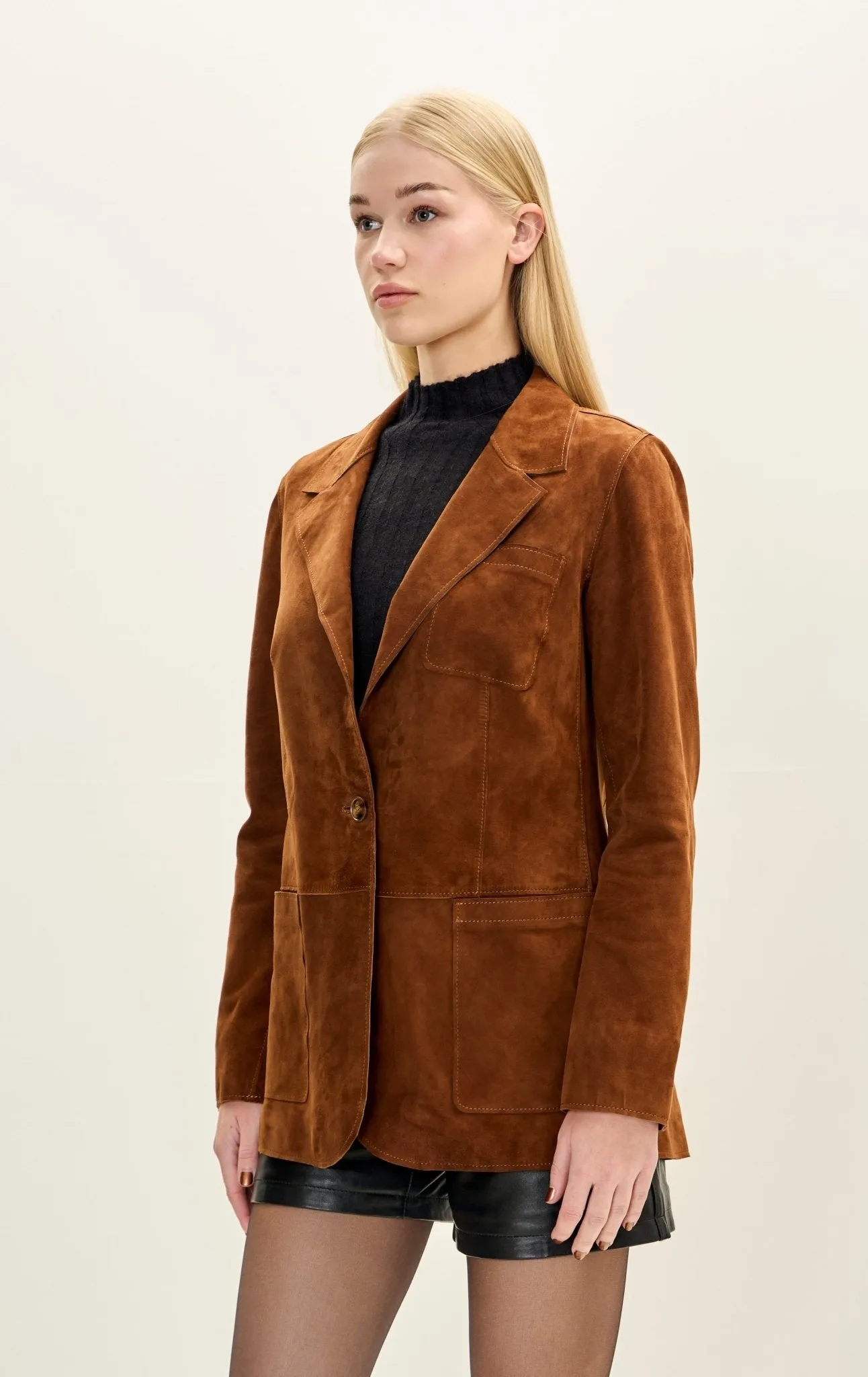Lambskin Leather Suede Single Button Blazer - Cognac