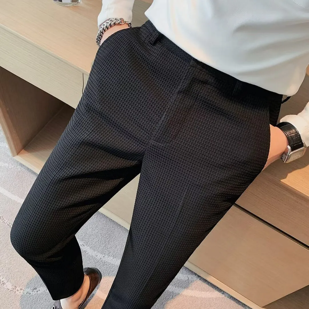 Mens Cropped Trousers  Slim Fit  Textured Fabric  Tapered Leg  Smart Casual Wear