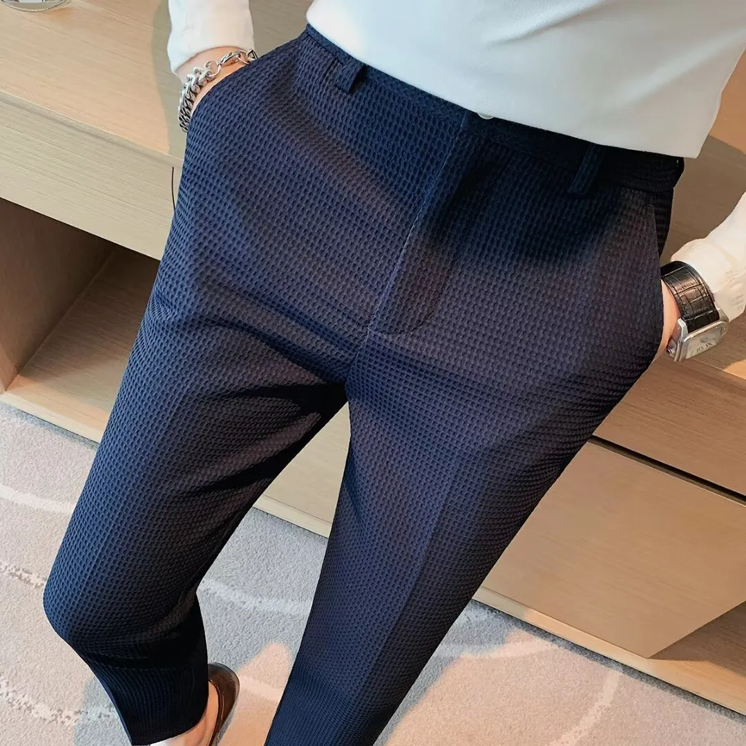 Mens Cropped Trousers  Slim Fit  Textured Fabric  Tapered Leg  Smart Casual Wear