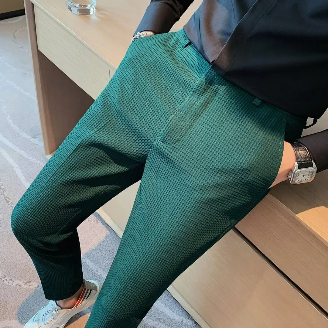 Mens Cropped Trousers  Slim Fit  Textured Fabric  Tapered Leg  Smart Casual Wear