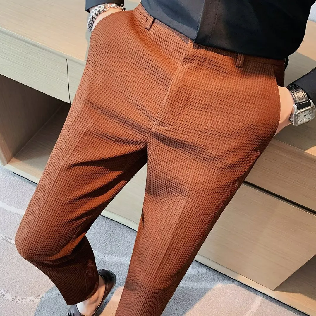Mens Cropped Trousers  Slim Fit  Textured Fabric  Tapered Leg  Smart Casual Wear