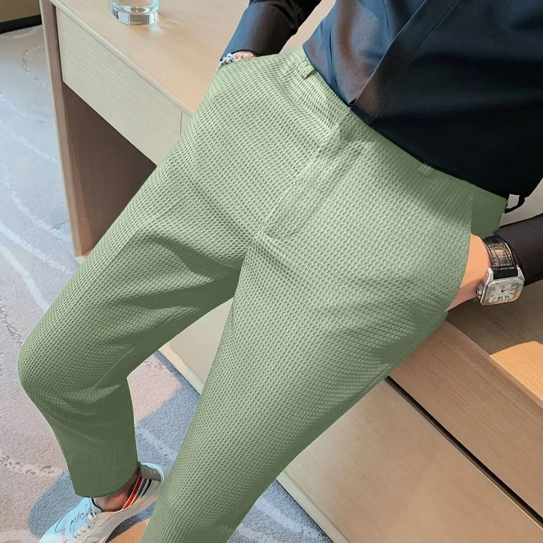Mens Cropped Trousers  Slim Fit  Textured Fabric  Tapered Leg  Smart Casual Wear