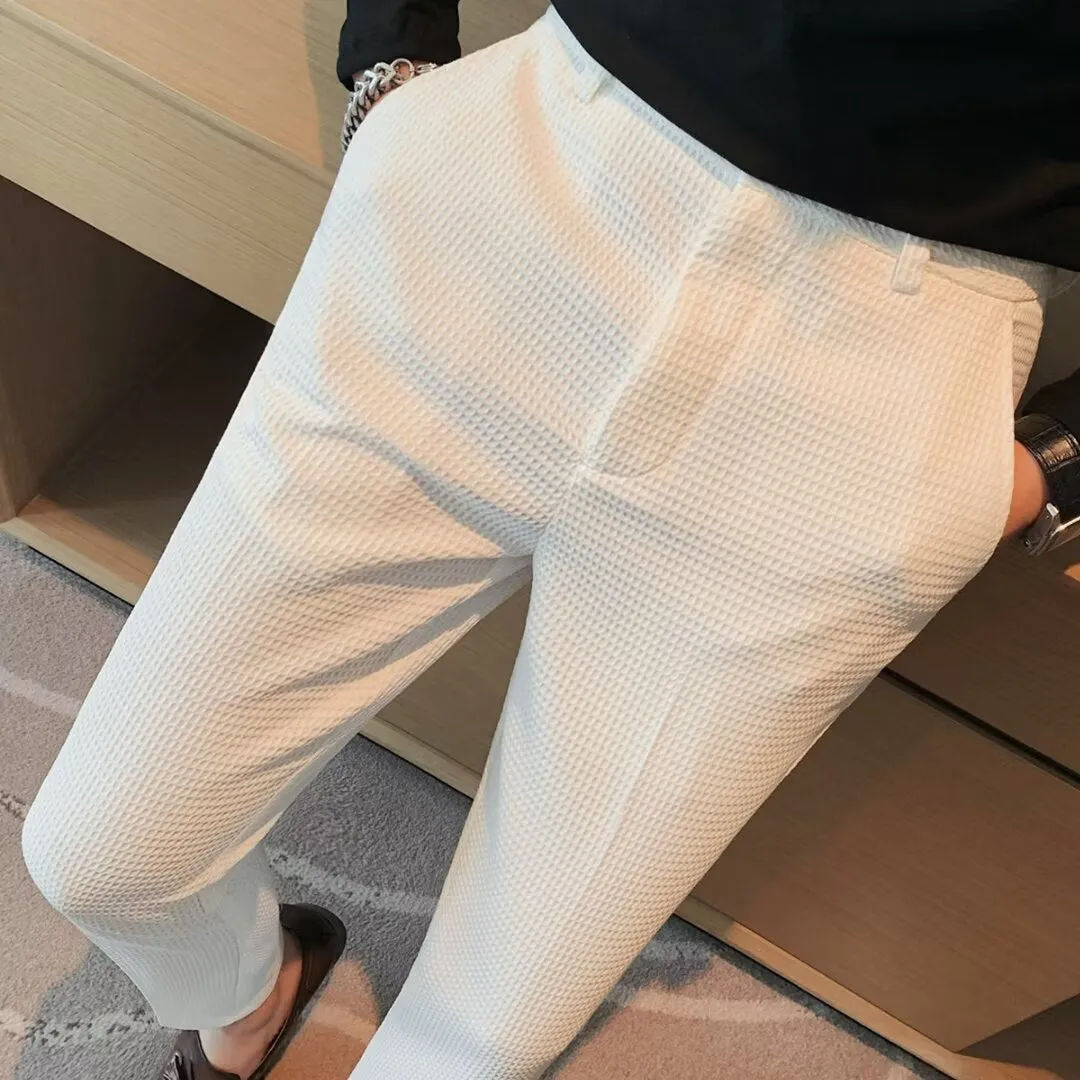 Mens Cropped Trousers  Slim Fit  Textured Fabric  Tapered Leg  Smart Casual Wear