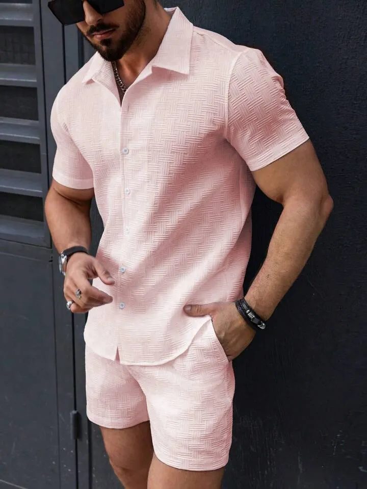 Mens Matching Set  Slim Fit Button-Down Shirt & Shorts  Lightweight Breathable Fabric