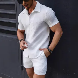 Mens Matching Set  Slim Fit Button-Down Shirt & Shorts  Lightweight Breathable Fabric