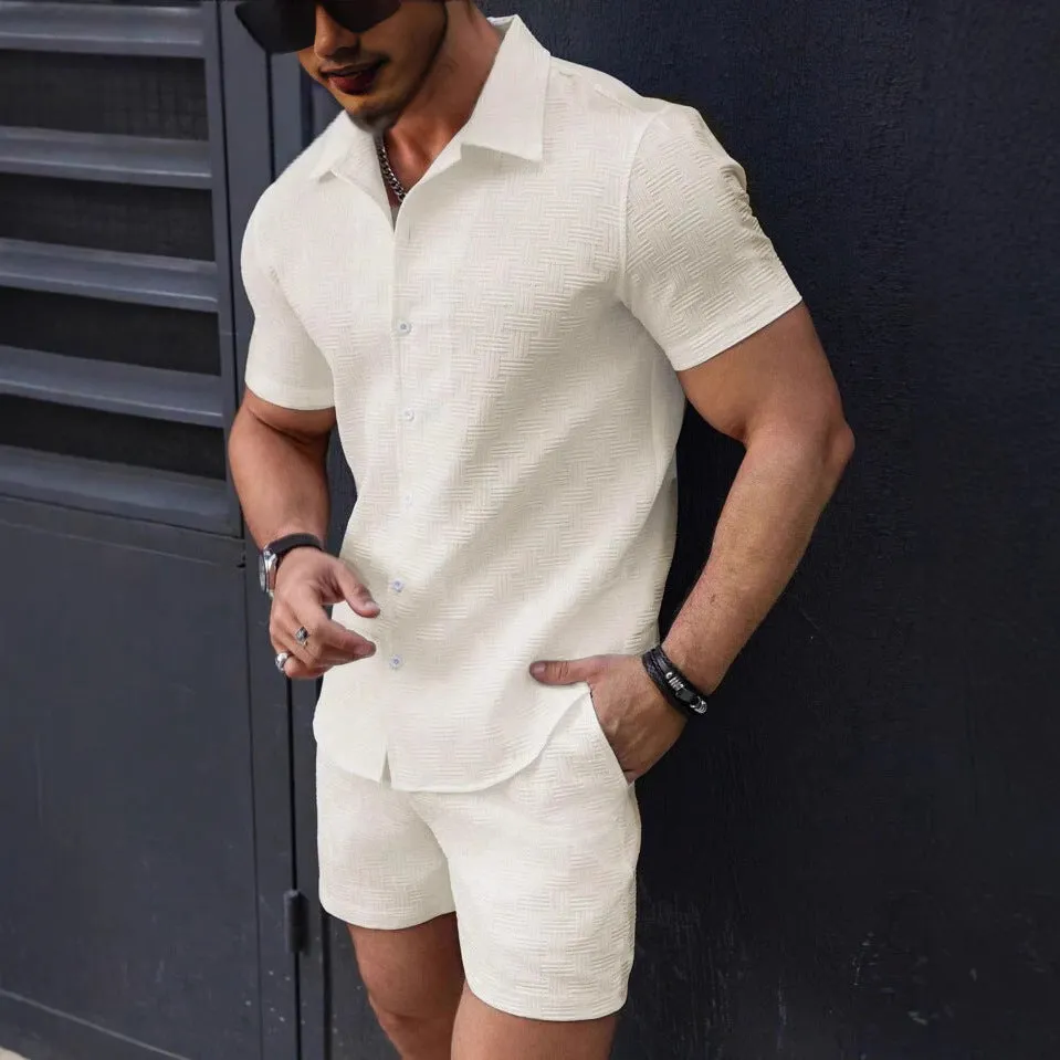 Mens Matching Set  Slim Fit Button-Down Shirt & Shorts  Lightweight Breathable Fabric