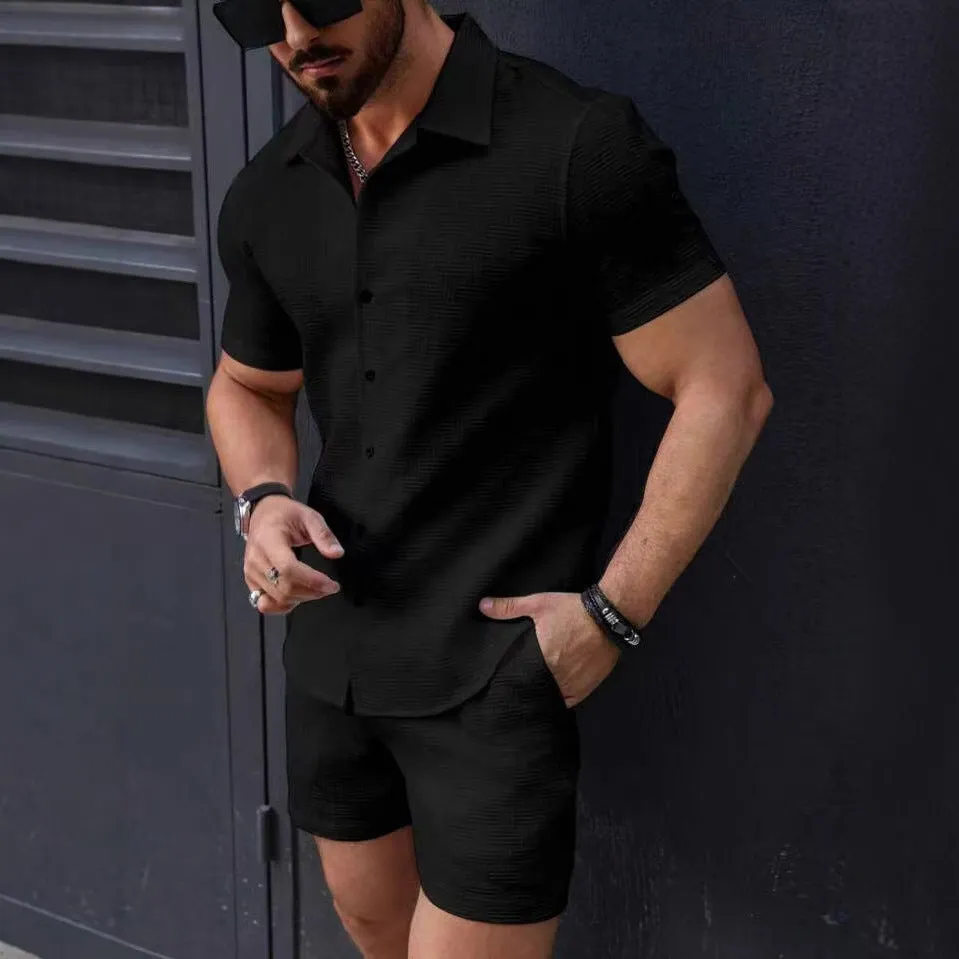 Mens Matching Set  Slim Fit Button-Down Shirt & Shorts  Lightweight Breathable Fabric