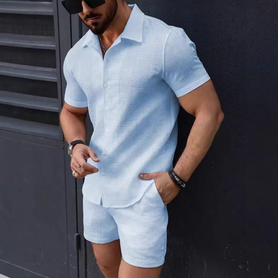Mens Matching Set  Slim Fit Button-Down Shirt & Shorts  Lightweight Breathable Fabric