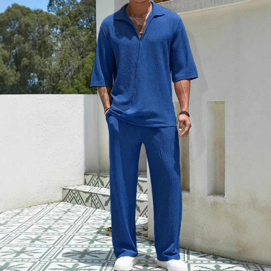 Mens Shirt and Pants Set  Relaxed Fit  Breathable Textured Fabric  Elastic Waist