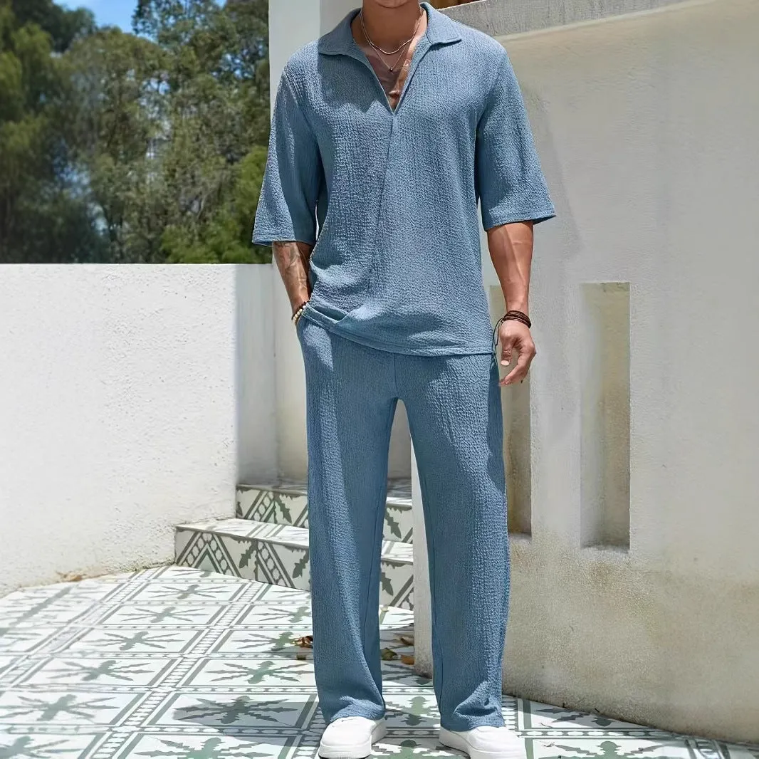 Mens Shirt and Pants Set  Relaxed Fit  Breathable Textured Fabric  Elastic Waist