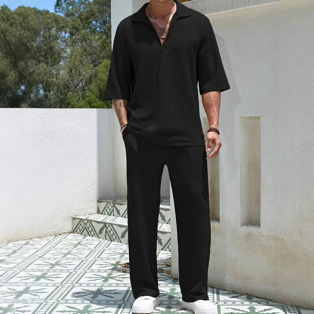 Mens Shirt and Pants Set  Relaxed Fit  Breathable Textured Fabric  Elastic Waist