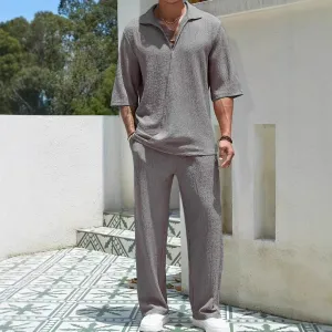 Mens Shirt and Pants Set  Relaxed Fit  Breathable Textured Fabric  Elastic Waist