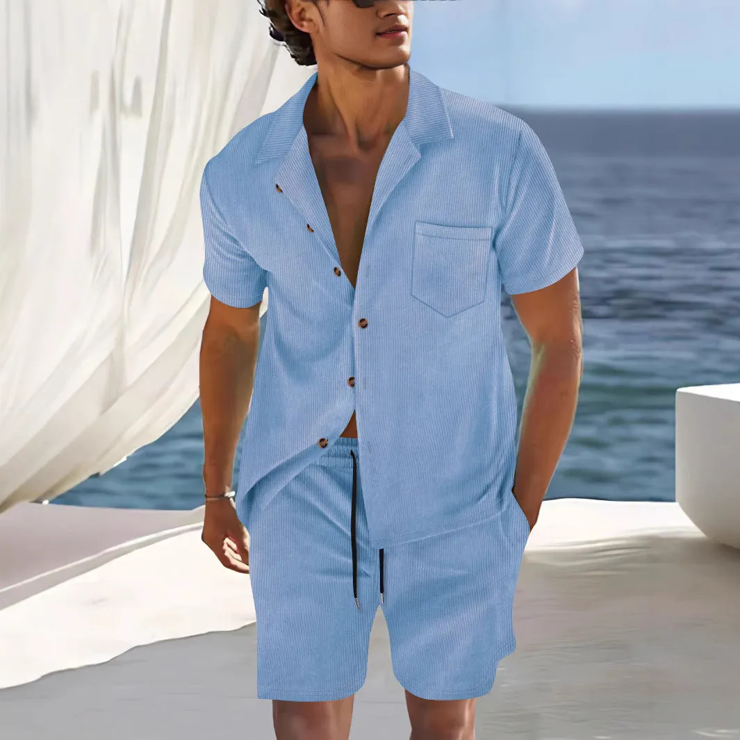 Mens Shirt and Shorts Set  Cuban Collar  Relaxed Fit  Lightweight Breathable Fabric
