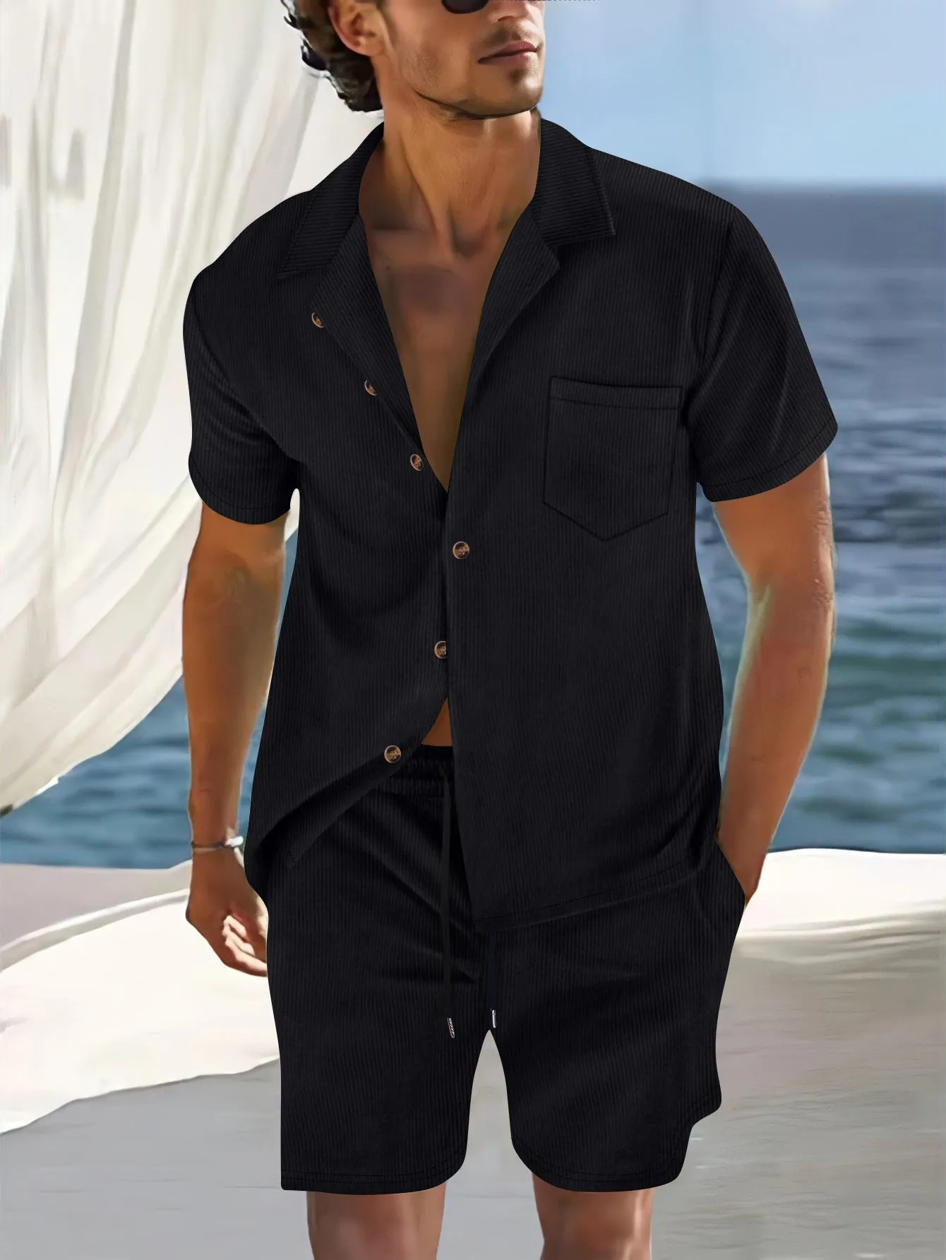Mens Shirt and Shorts Set  Cuban Collar  Relaxed Fit  Lightweight Breathable Fabric