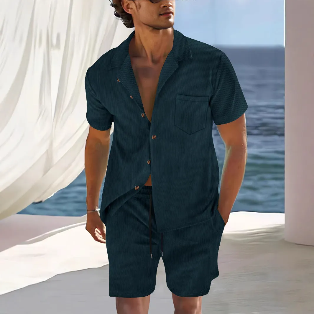 Mens Shirt and Shorts Set  Cuban Collar  Relaxed Fit  Lightweight Breathable Fabric