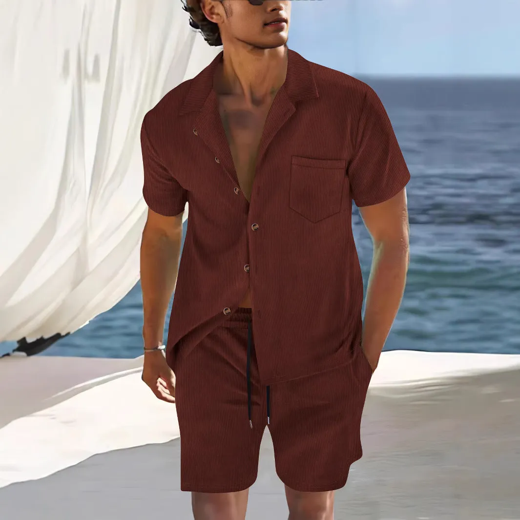 Mens Shirt and Shorts Set  Cuban Collar  Relaxed Fit  Lightweight Breathable Fabric