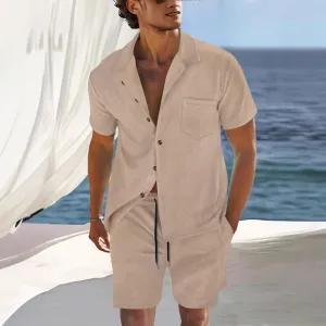 Mens Shirt and Shorts Set  Cuban Collar  Relaxed Fit  Lightweight Breathable Fabric