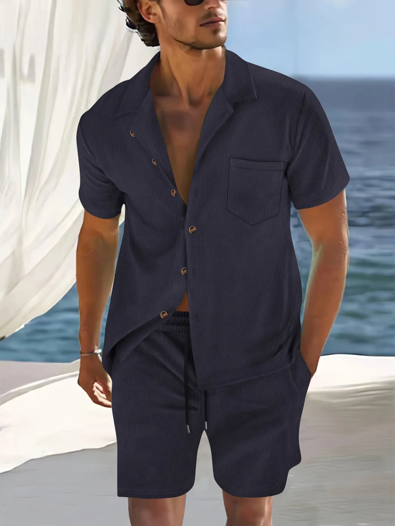 Mens Shirt and Shorts Set  Cuban Collar  Relaxed Fit  Lightweight Breathable Fabric