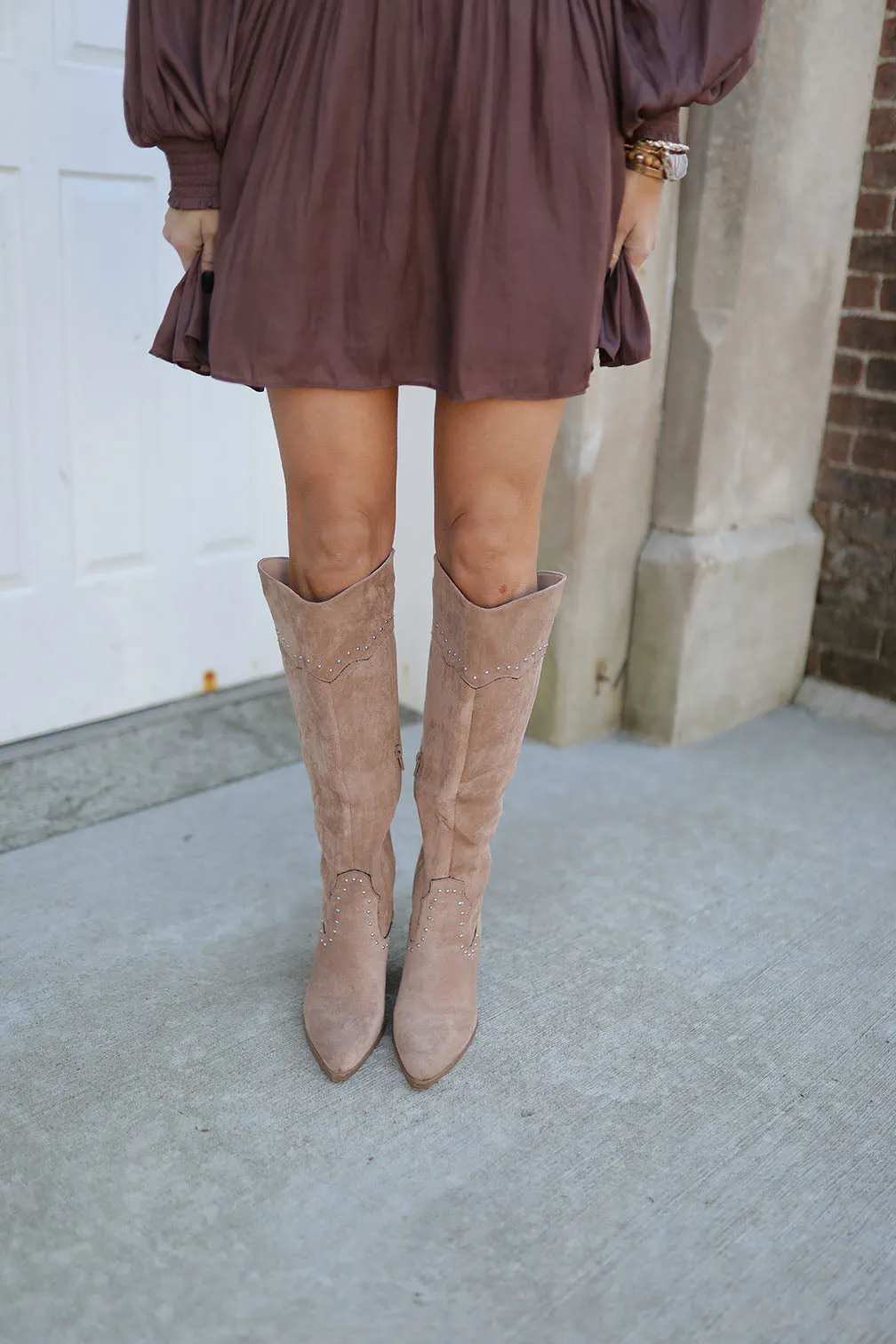 Rayne Knee High Studded Suede Chunky Heel Western Boot - Beige