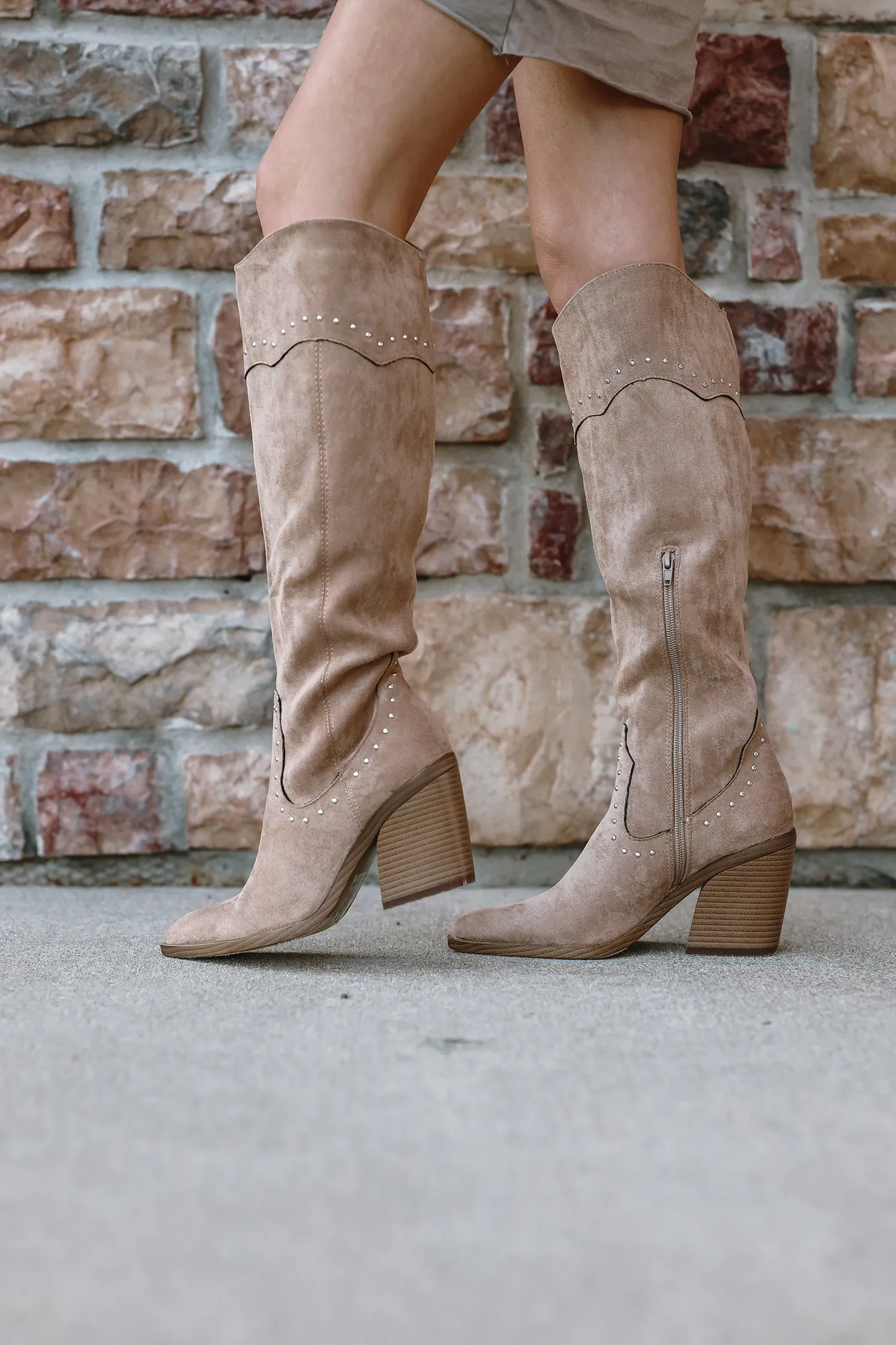 Rayne Knee High Studded Suede Chunky Heel Western Boot - Beige