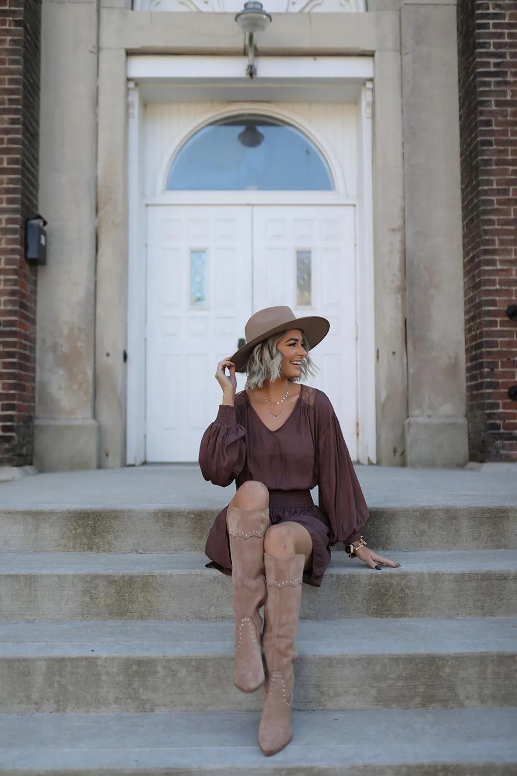 Rayne Knee High Studded Suede Chunky Heel Western Boot - Beige