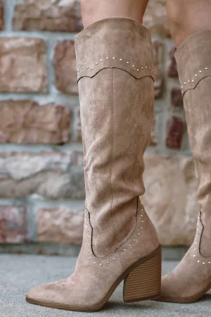 Rayne Knee High Studded Suede Chunky Heel Western Boot - Beige