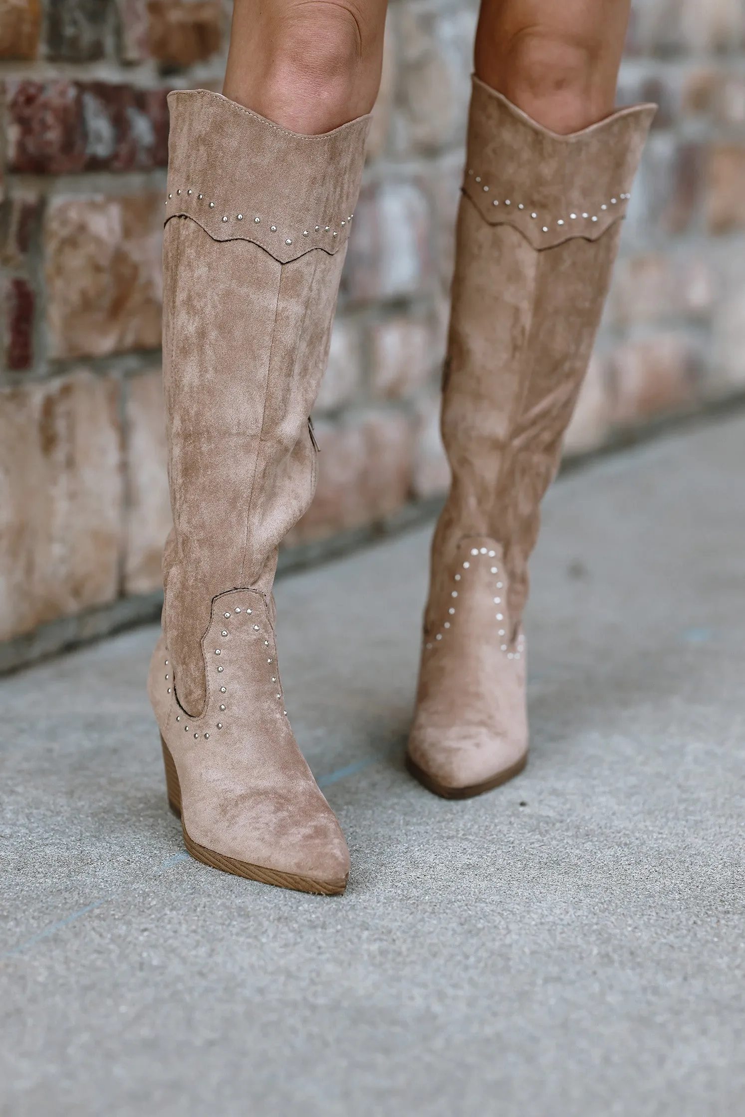 Rayne Knee High Studded Suede Chunky Heel Western Boot - Beige