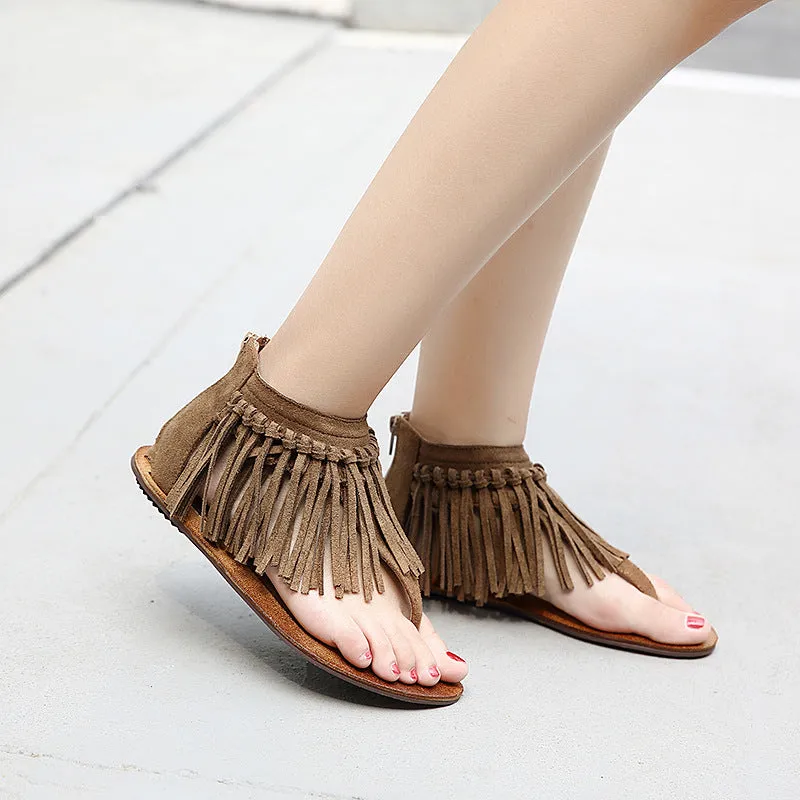 Retro Tassels Slip-on Zipper Flat Sandals