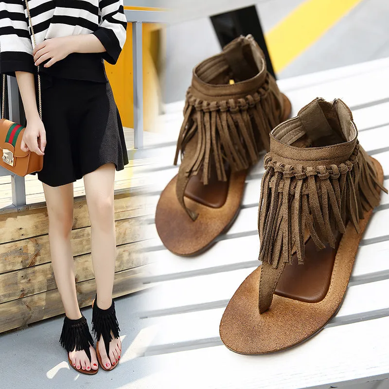 Retro Tassels Slip-on Zipper Flat Sandals