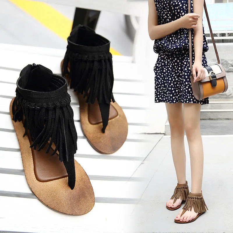 Retro Tassels Slip-on Zipper Flat Sandals