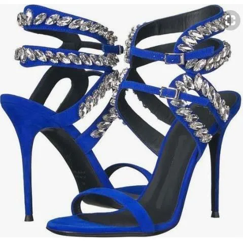 Rhinestone High Heel Suede Cutout Sandals